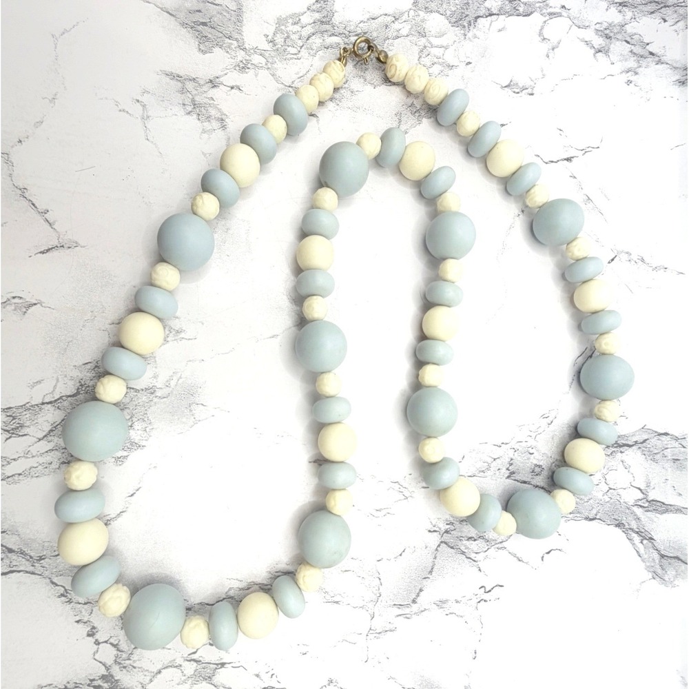 Light Blue Cream Beaded Necklace 29 Inch Gold Tone Clasp Pastel
